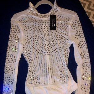 Style Sapphire White Rhinestone Body Suit